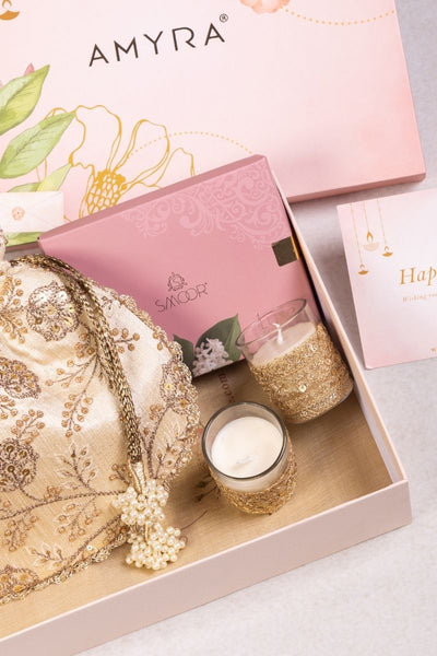 AMYRA - Gift Hamper - Cream Scallop Potli - Gourmet and Candle Box
