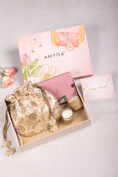 AMYRA - Gift Hamper - Cream Scallop Potli - Gourmet and Candle Box