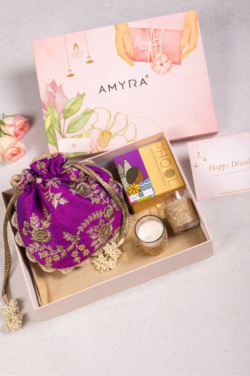 Gift Hamper - Purple Scallop Potli - Candle and Aroma Box