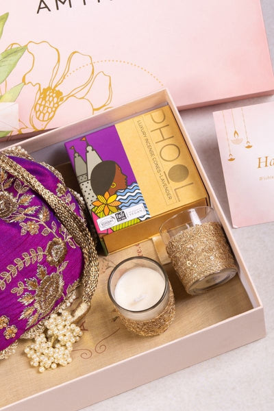 Gift Hamper - Purple Scallop Potli - Candle and Aroma Box