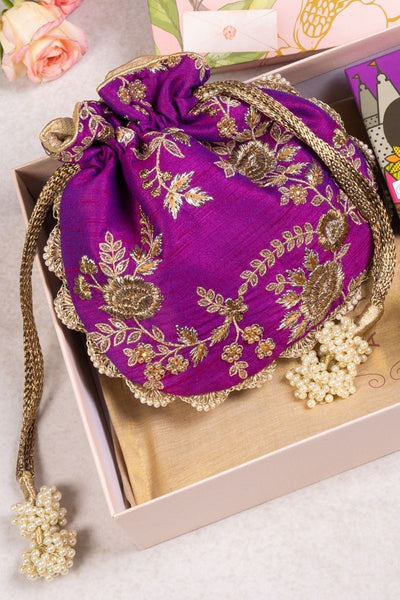 Gift Hamper - Purple Scallop Potli - Candle and Aroma Box