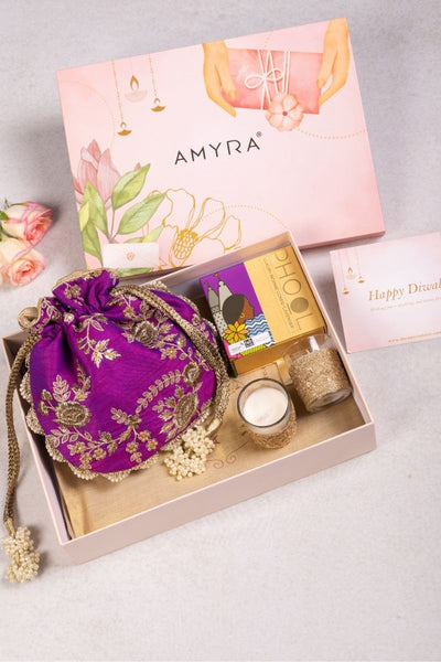 Gift Hamper - Purple Scallop Potli - Candle and Aroma Box