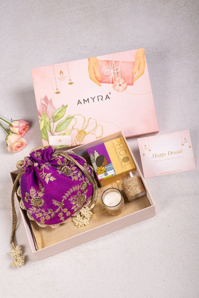 Gift Hamper - Purple Scallop Potli - Candle and Aroma Box