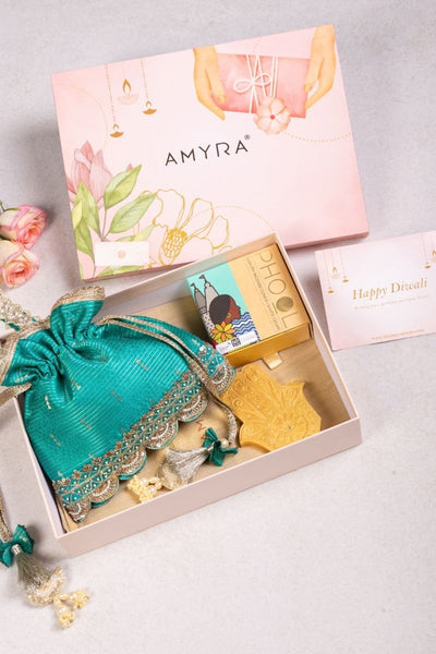 Gift Hamper - Tari Turquoise Potli - Home and Aroma Box