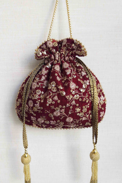 AMYRA Elan Maroon Silk Potli bag With Metal Sling