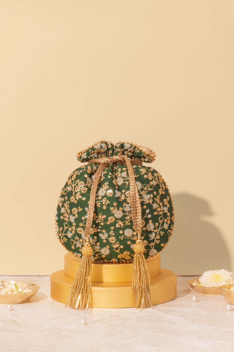 Elan Green Potli bag With Metal Sling