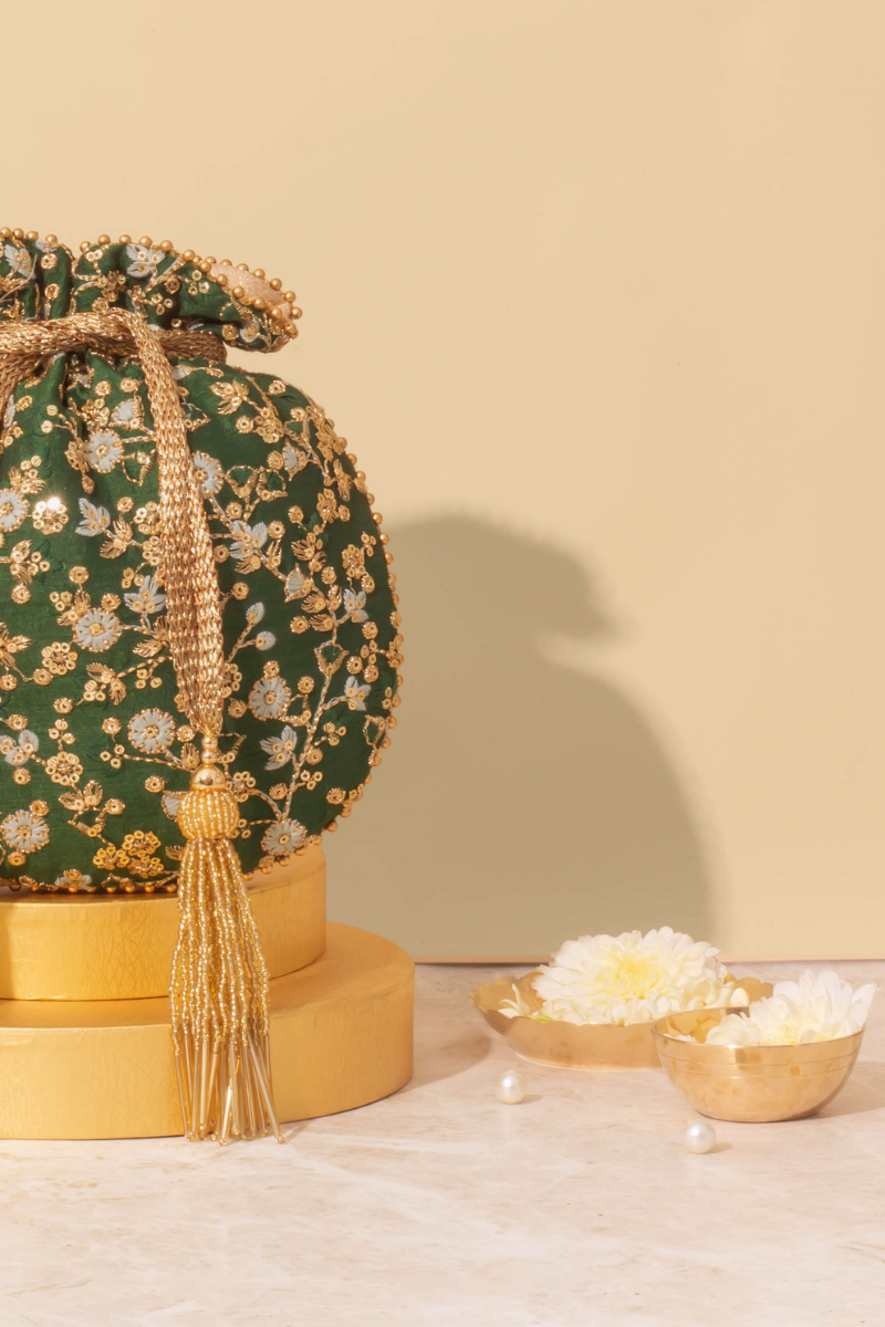 Elan Green Potli bag With Metal Sling