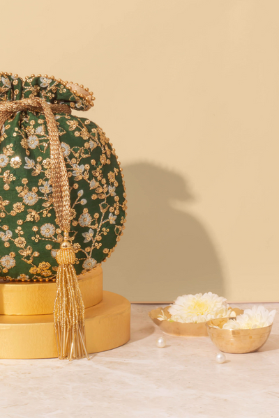 Elan Green Potli bag With Metal Sling
