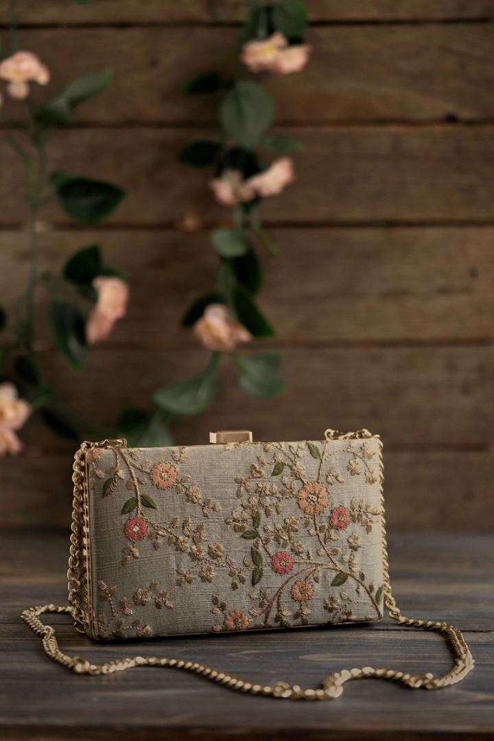 Floral Embroidered Box Clutch, Creeper Grey, AMYRA