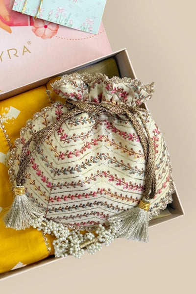 Rakhi Hamper - Fiza Potli - Offwhite & Madhura Mustard Dupatta Box