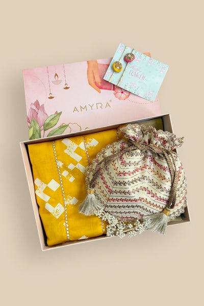 Rakhi Hamper - Fiza Potli - Offwhite & Madhura Mustard Dupatta Box