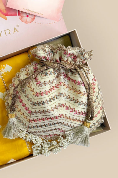 Gift Hamper - Fiza Potli - Offwhite & Madhura Mustard Dupatta Box