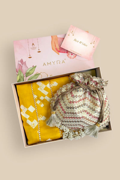 Gift Hamper - Fiza Potli - Offwhite & Madhura Mustard Dupatta Box
