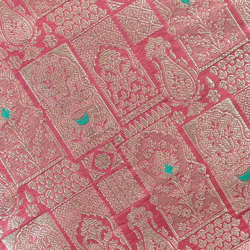 Flamingo Pink Handloom Pure Katan Silk Gold Zari Brocade Banarasi Fabric