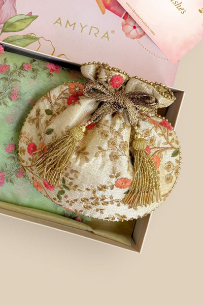 Gift Hamper - Floral Creeper Cream Potli & Aroha Green Dupatta Box
