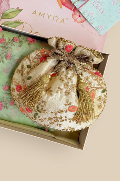 Rakhi Hamper - Floral Creeper Cream Potli & Aroha Green Dupatta Box