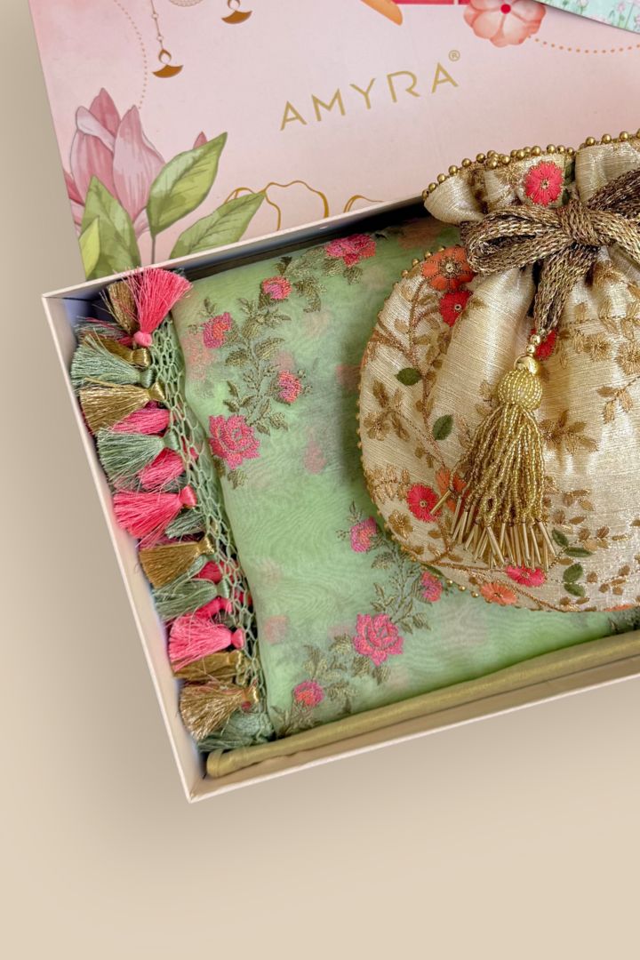 Rakhi Hamper - Floral Creeper Cream Potli & Aroha Green Dupatta Box