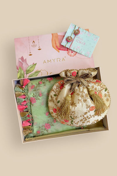 Rakhi Hamper - Floral Creeper Cream Potli & Aroha Green Dupatta Box