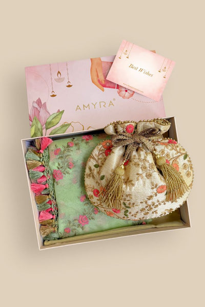 Gift Hamper - Floral Creeper Cream Potli & Aroha Green Dupatta Box