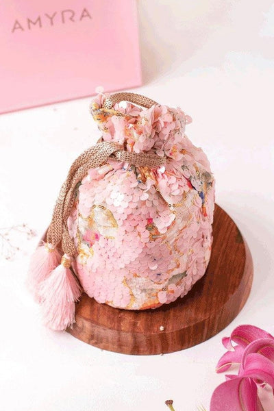 AMYRA Tia Sequin Potli bag - Baby Pink