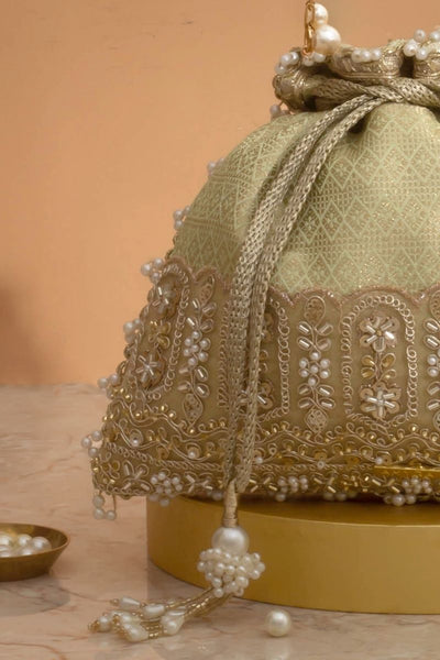 Geet Brocade Embellished Potli - Mint