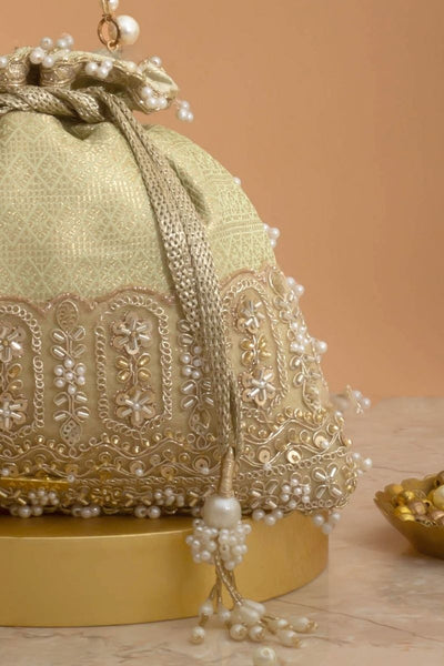 Geet Brocade Embellished Potli - Mint
