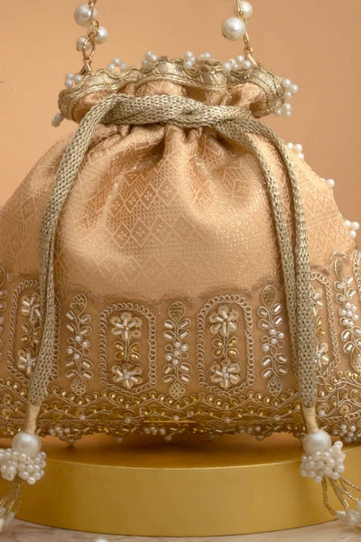 Geet Brocade Embellished Potli - Peach