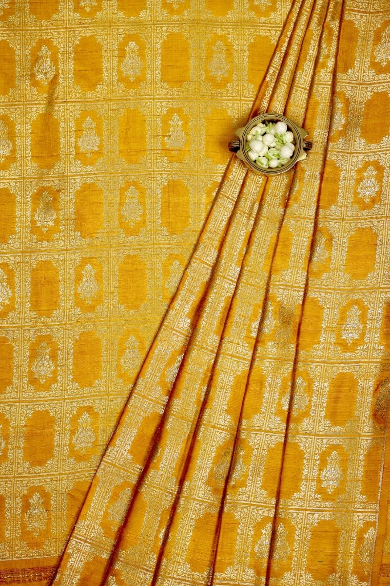 Ghazal Handloom Pure Raw Silk Gold Zari Brocade Banarasi Fabric - Mustard