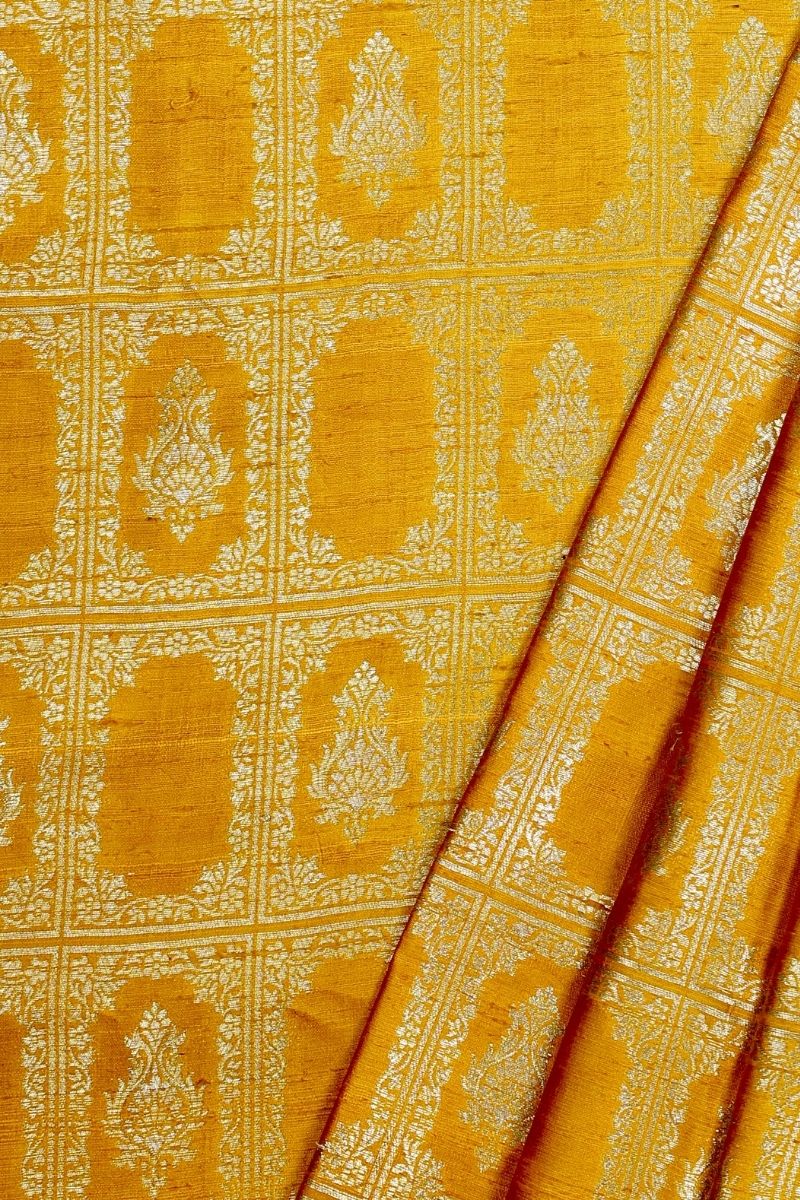 Ghazal Handloom Pure Raw Silk Gold Zari Brocade Banarasi Fabric - Mustard
