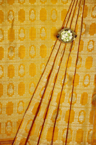 Ghazal Handloom Pure Raw Silk Gold Zari Brocade Banarasi Fabric - Mustard