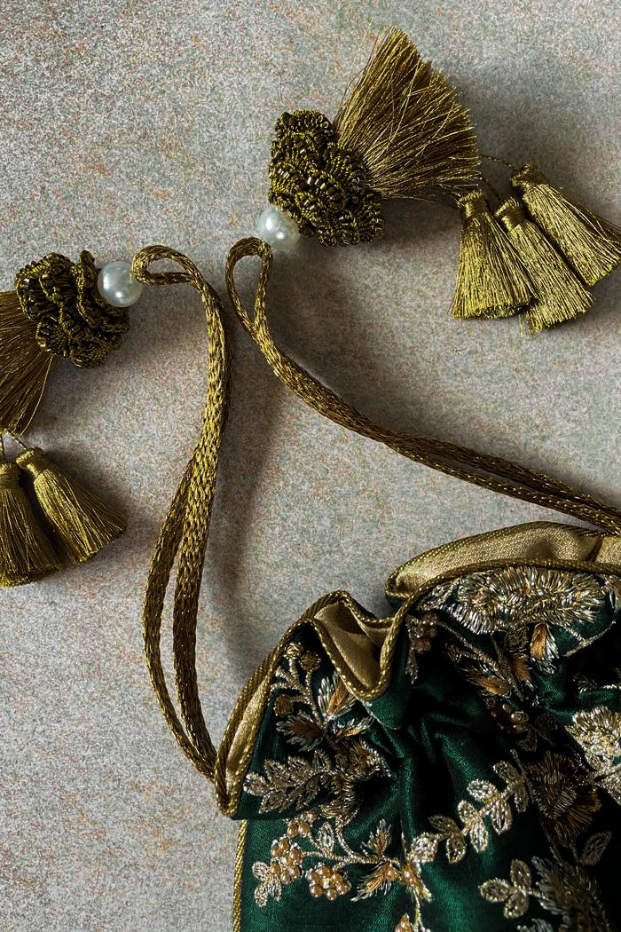 Green Embroidered Silk Potli Bag