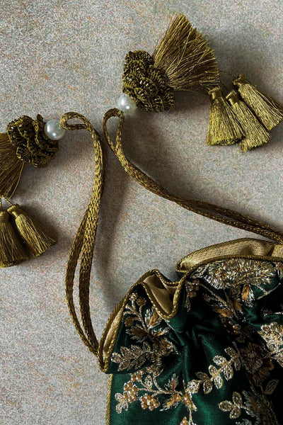 Green Embroidered Silk Potli Bag
