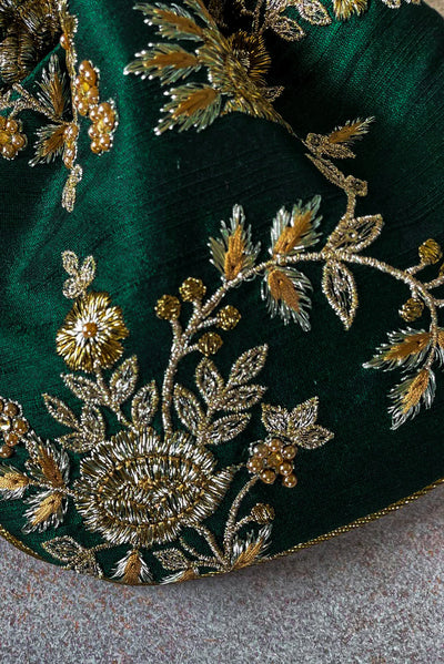 Green Embroidered Silk Potli Bag