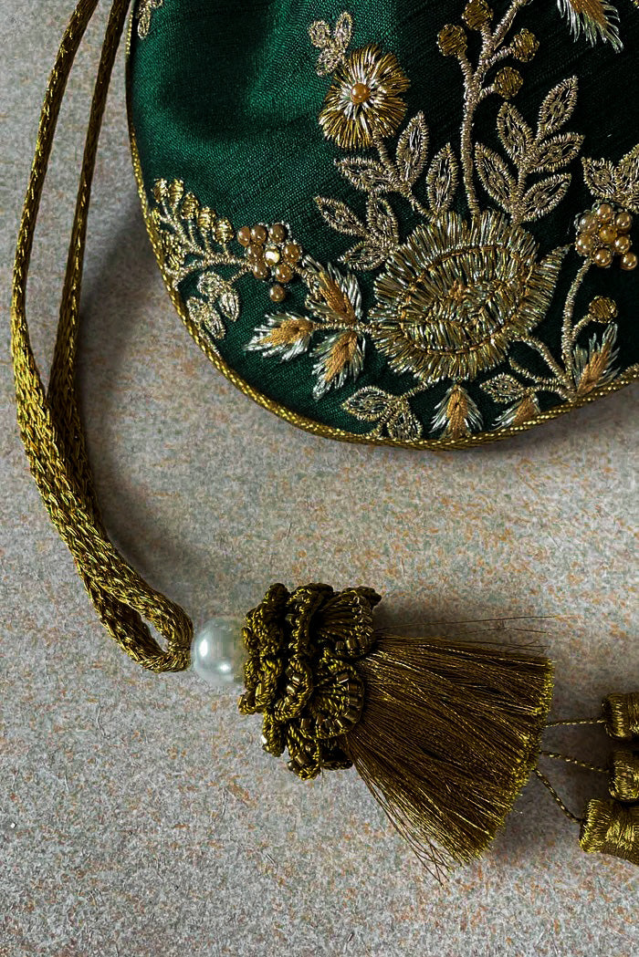 Green Embroidered Silk Potli Bag