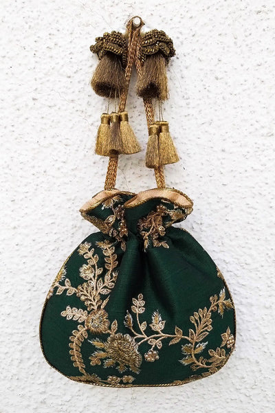 Green Embroidered Silk Potli Bag