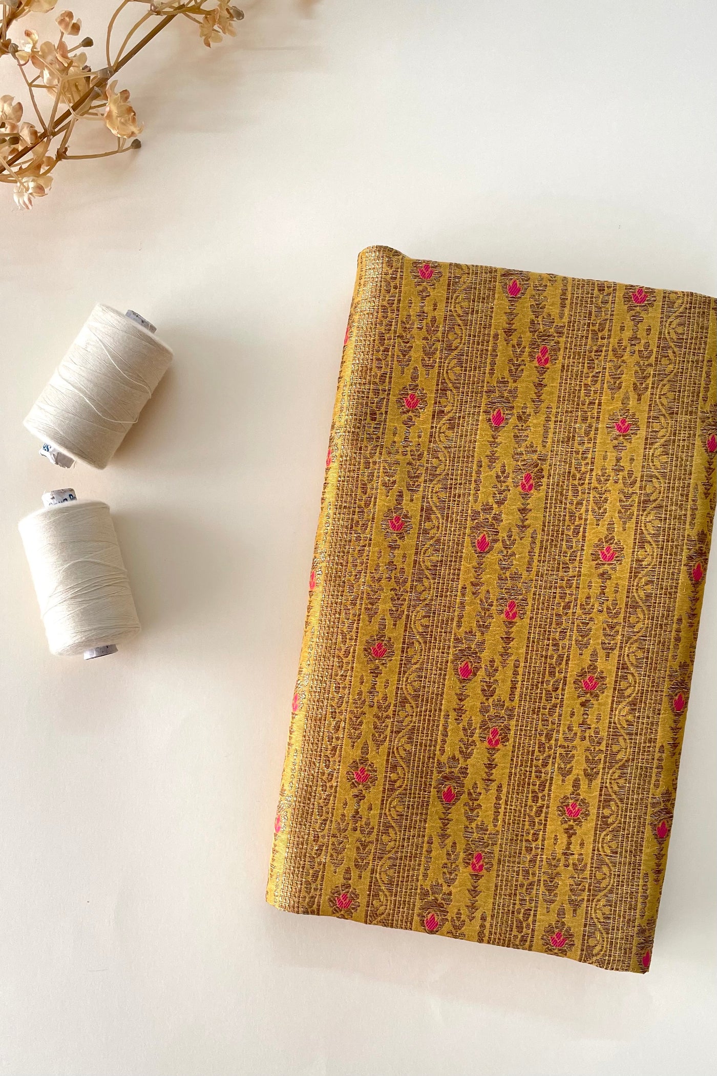 AMYRA Mustard & Pink Handloom Pure Katan Silk Gold Zari Brocade Banarasi Fabric