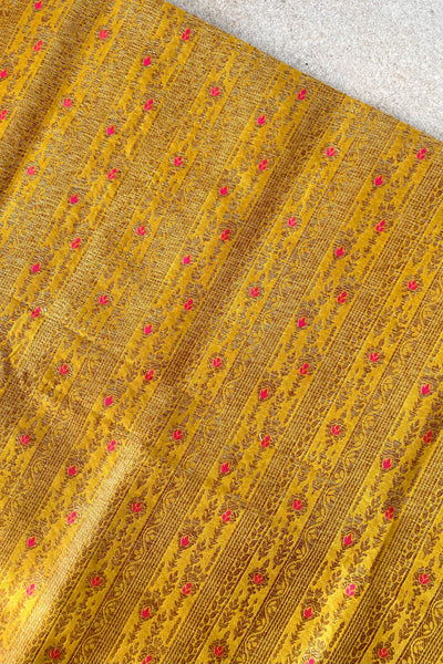 Mustard & Pink Handloom Pure Katan Silk Gold Zari Brocade Banarasi Fabric