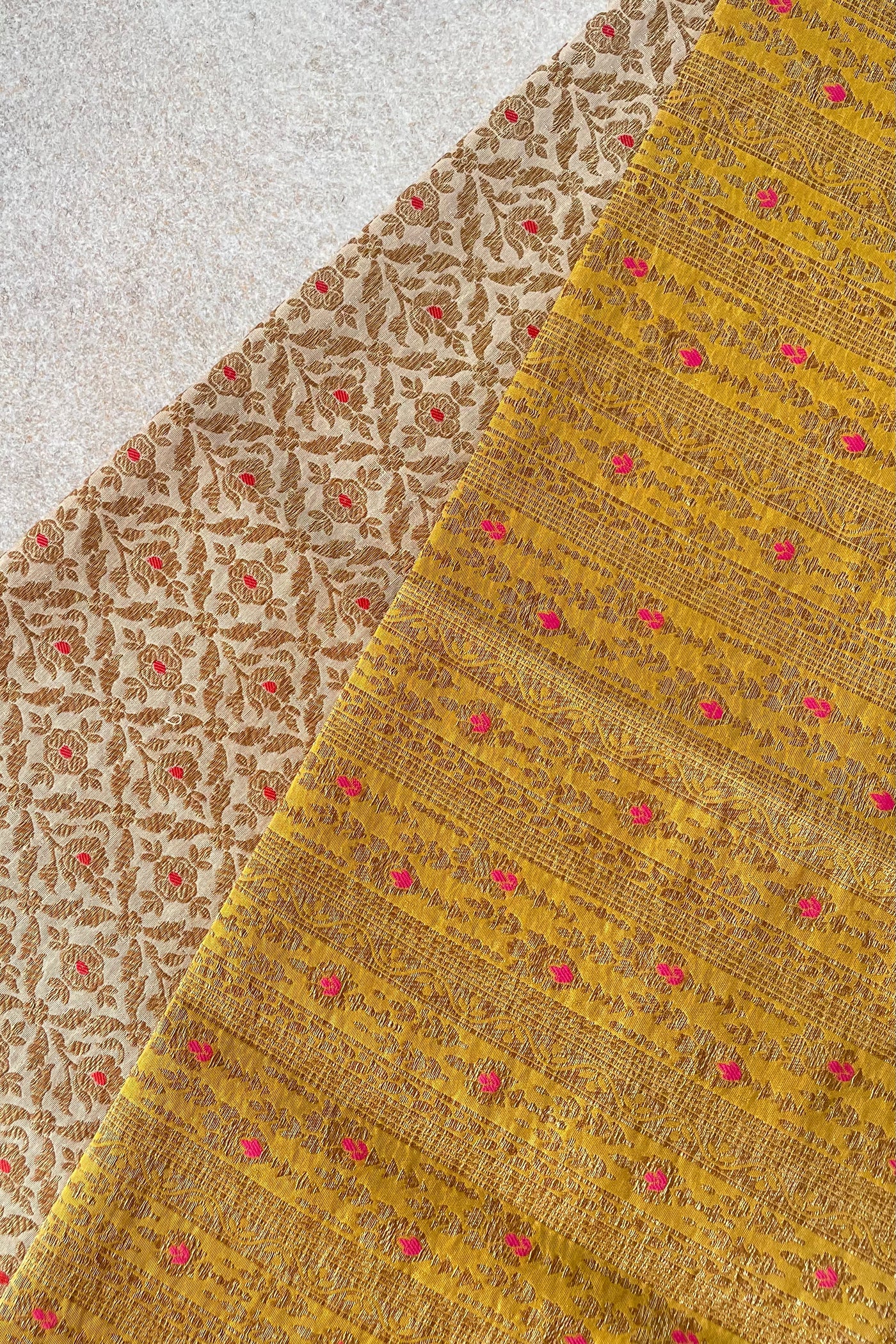 Mustard & Pink Handloom Pure Katan Silk Gold Zari Brocade Banarasi Fabric