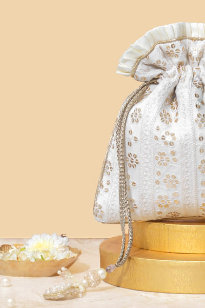 Irina Sequin Embroidered Potli - Off White