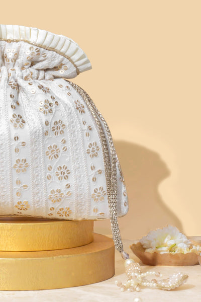 Irina Sequin Embroidered Potli - Off White