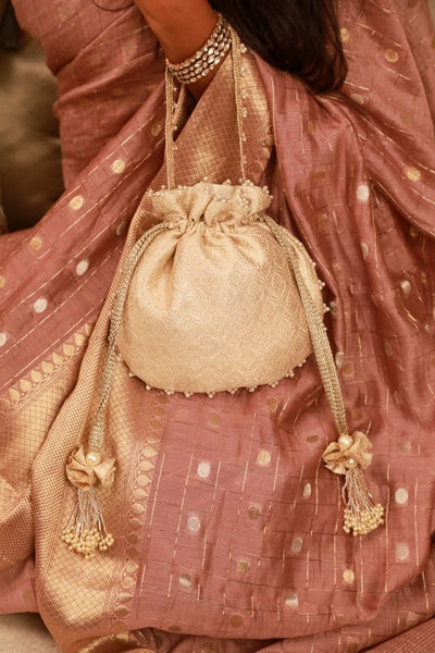 Ivana Embroidered Brocade Potli - Ivory