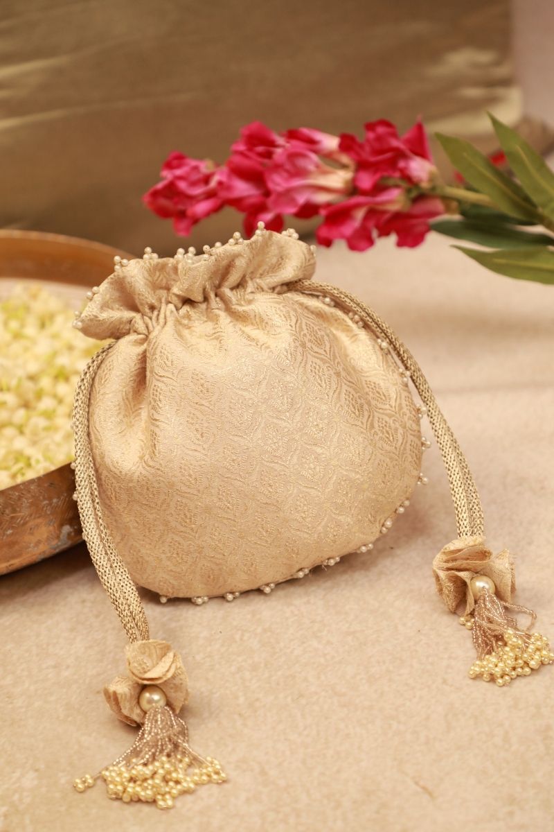 Ivana Embroidered Brocade Potli - Ivory