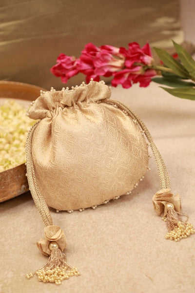 Ivana Embroidered Brocade Potli - Ivory