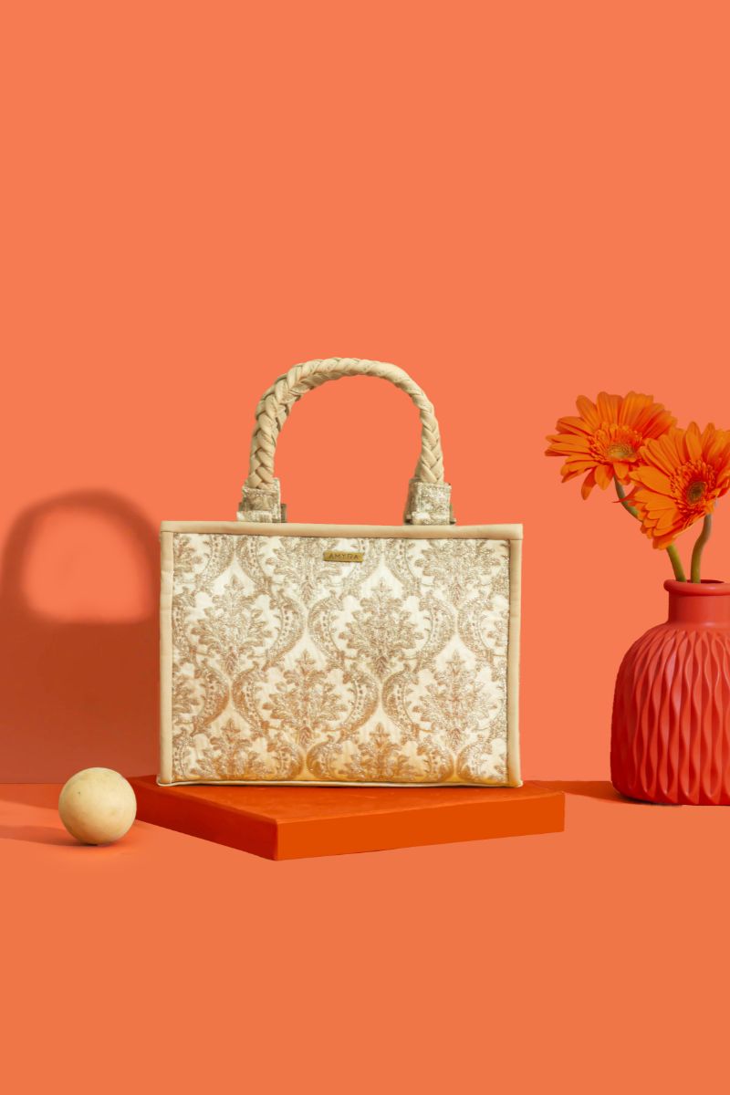 Jaali Embroidered Handbag - Beige