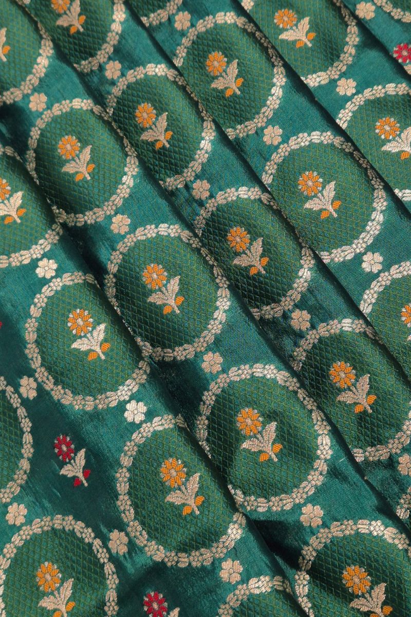 Jamal Handloom Dupion Silk with Gold Buta and Meena work Fabric - Green