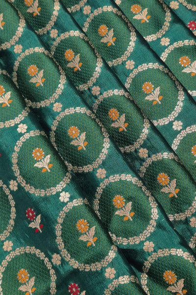 Jamal Handloom Dupion Silk with Gold Buta and Meena work Fabric - Green