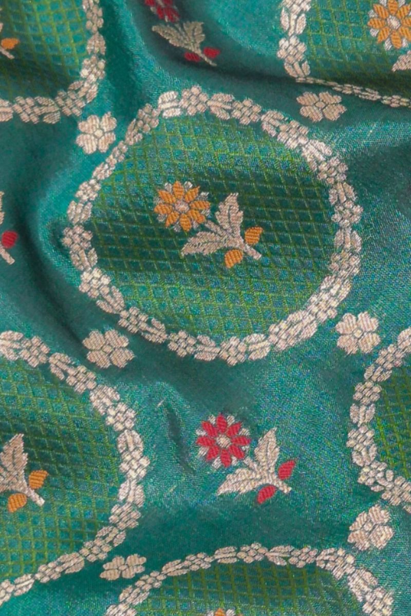 Jamal Handloom Dupion Silk with Gold Buta and Meena work Fabric - Green