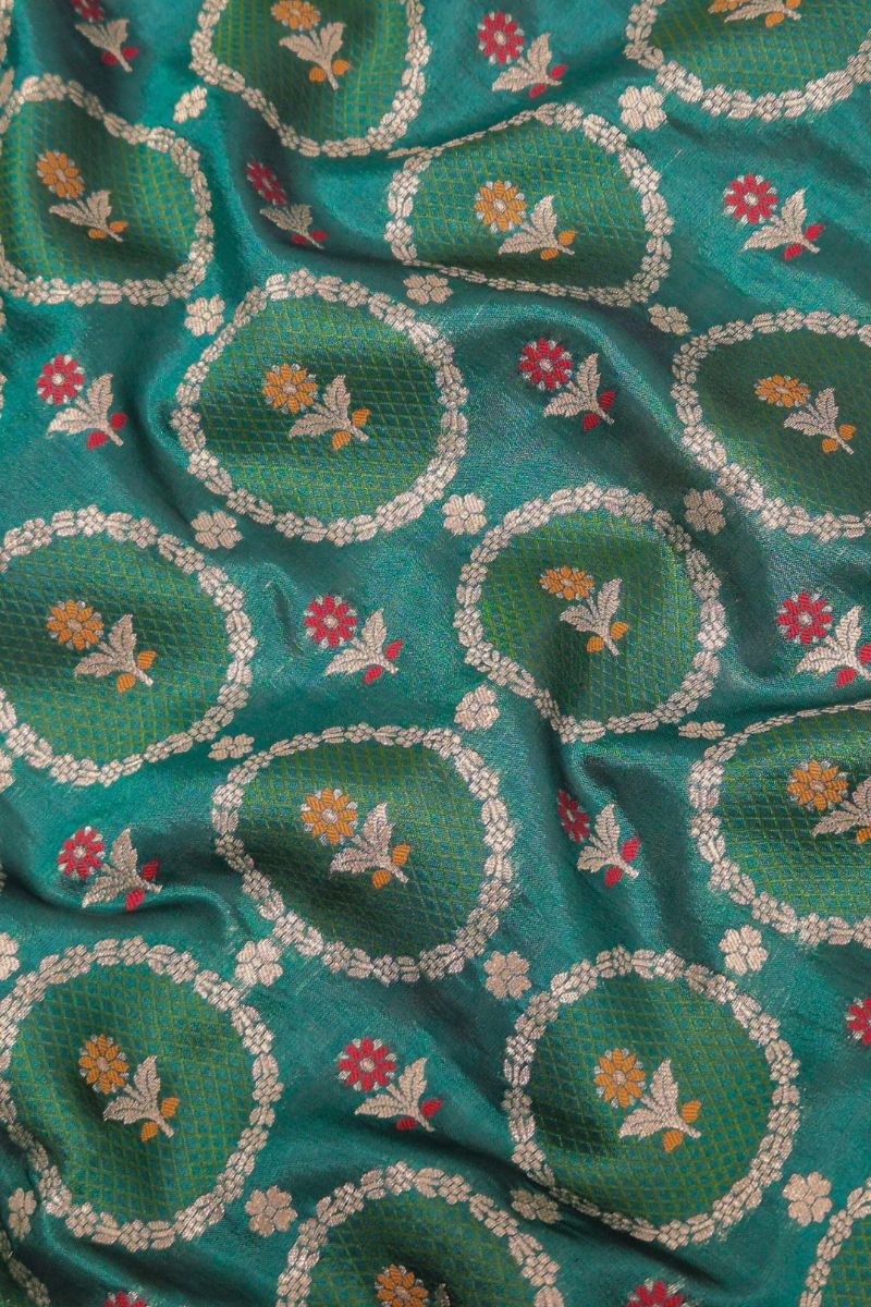 Jamal Handloom Dupion Silk with Gold Buta and Meena work Fabric - Green