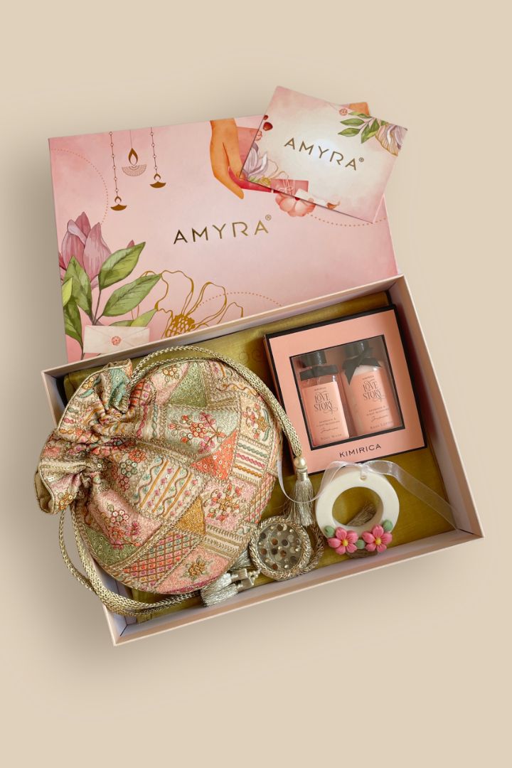 Mother's Day Hamper - Jia Embroidered Multicolour Potli - Care & Fragrance Box