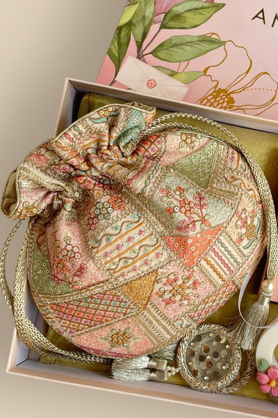 Mother's Day Hamper - Jia Embroidered Multicolour Potli - Care & Fragrance Box